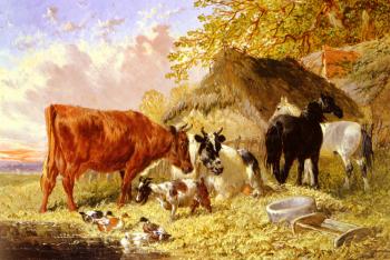 Horses, Cows, Ducks and a Goat by a Farmhouse